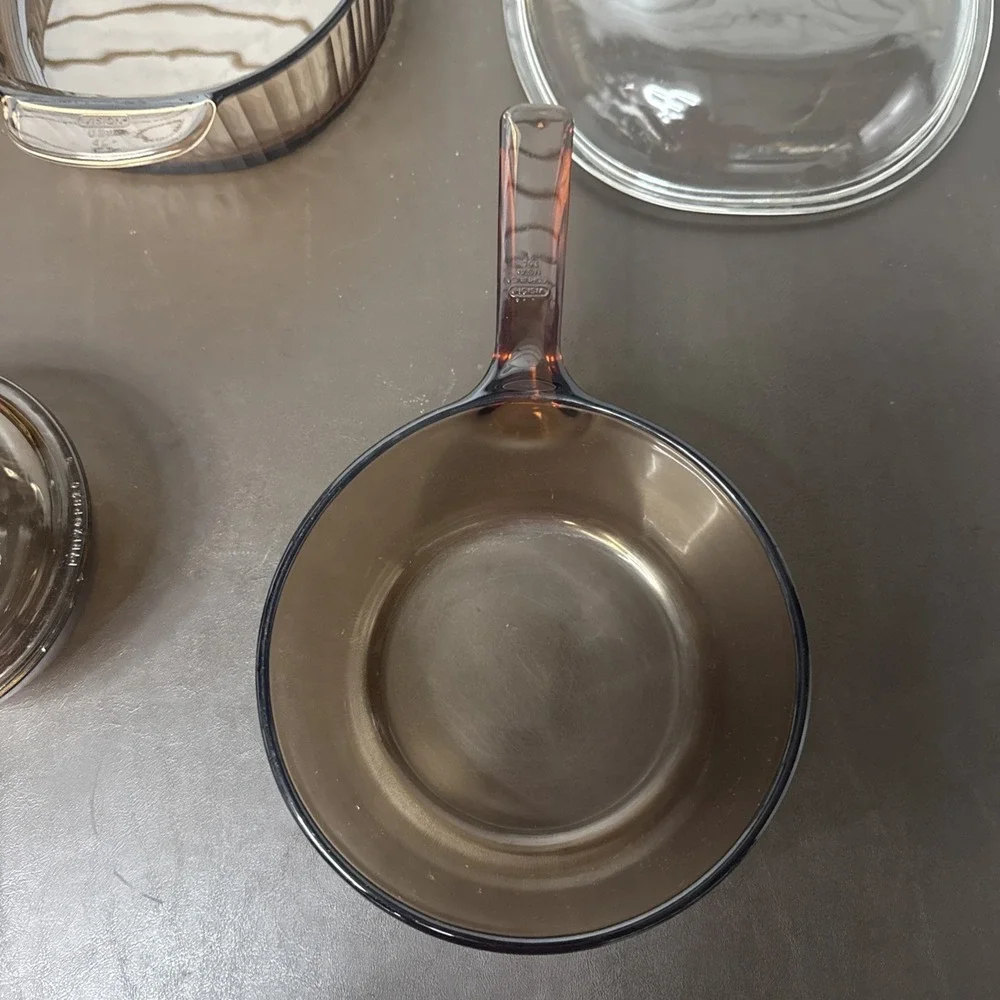 VTG‎ CORNING VISION PYREX 6 Piece Amber & 1 Piece Clear Lid Roasting Pan Pot Pie